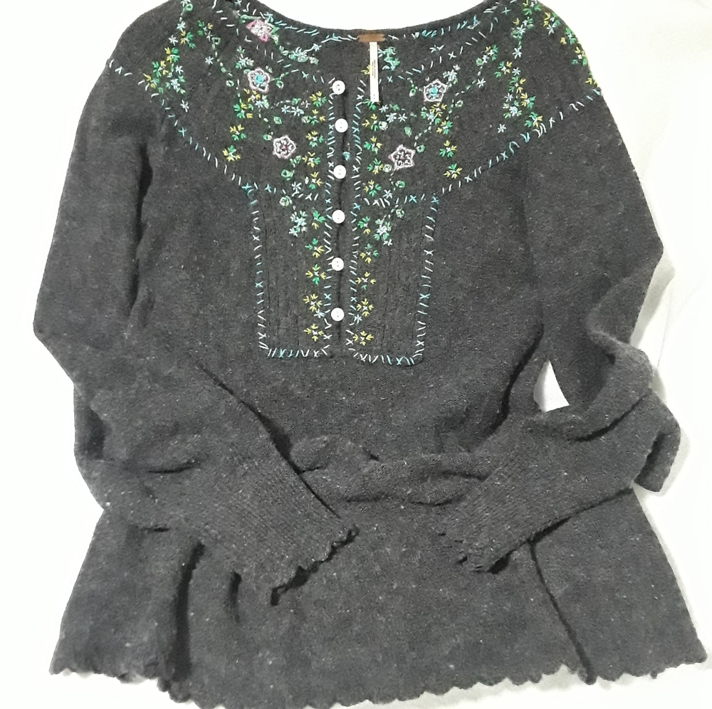 Free People Embroidered Wool Blend Tunic Sweater